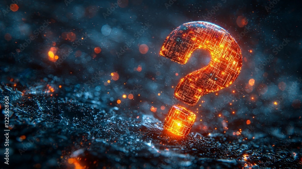 Poster glowing digital question mark symbolizing data driven business insights and analytics