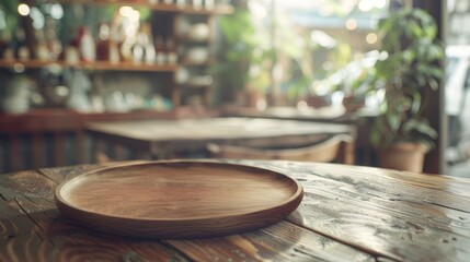 Obraz premium Vintage style concept for product display with empty wooden plate on table and soft blurry restaurant background for branding.
