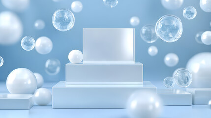 Square podiums are white. Abstract background. A stage for the demonstration of cosmetics. Podium for the award, consisting of three 3 square figures of different sizes on a blue background. Showcase