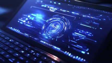 Futuristic blue digital interface on laptop screen.