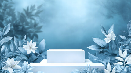 Square podiums are white. Abstract background. A stage for the demonstration of cosmetics. Podium for the award, consisting of three 3 square figures of different sizes on a blue background. Showcase