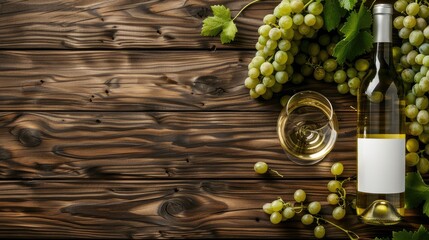 Obraz premium Vintage white wine bottle, grapes, and empty glass on wooden table. Costly chardonnay display. Top view with space for text.