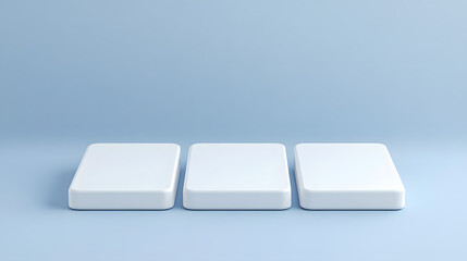Square podiums are white. Abstract background. A stage for the demonstration of cosmetics. Podium for the award, consisting of three 3 square figures of different sizes on a blue background. Showcase