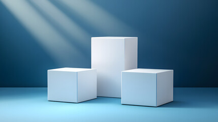 Square podiums are white. Abstract background. A stage for the demonstration of cosmetics. Podium for the award, consisting of three 3 square figures of different sizes on a blue background. Showcase