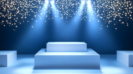 Fototapeta premium Square podiums are white. Abstract background. A stage for the demonstration of cosmetics. Podium for the award, consisting of three 3 square figures of different sizes on a blue background. Showcase