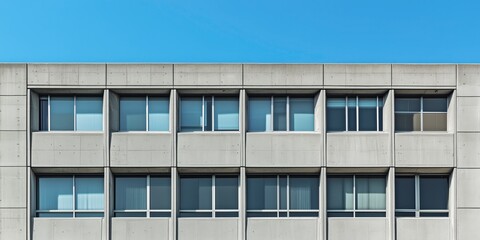 Concrete Facade Detail: A close-up of a concrete office building facade, featuring rows of rectangular windows with blue sky peeking through.