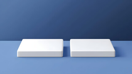 Square podiums are white. Abstract background. A stage for the demonstration of cosmetics. Podium for the award, consisting of three 3 square figures of different sizes on a blue background. Showcase