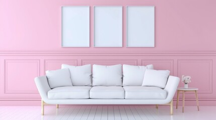White couch with empty frames by pink wall