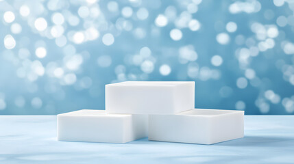Square podiums are white. Abstract background. A stage for the demonstration of cosmetics. Podium for the award, consisting of three 3 square figures of different sizes on a blue background. Showcase