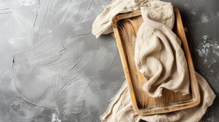 Naklejka premium White wooden Provencal tray and beige linen kitchen towel on gray stone table with copy space.