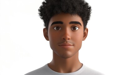 Obraz premium Young man with short afro hairstyle on a plain white background showcasing a friendly and approachable demeanor in a character style.