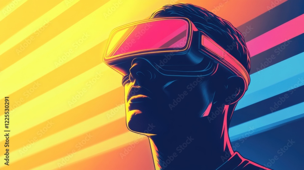 Poster man immersed in virtual reality experience with vibrant abstract background and glowing effects.