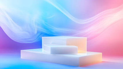Square podiums are white. Abstract background. A stage for the demonstration of cosmetics. Podium for the award, consisting of three 3 square figures of different sizes on a blue background. Showcase