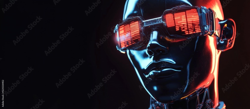 Poster futuristic mannequin head with virtual interface and glowing data elements in a cyberpunk theme feat