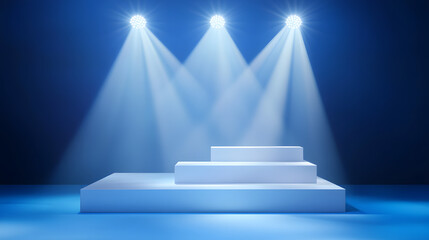 Obraz premium Square podiums are white. Abstract background. A stage for the demonstration of cosmetics. Podium for the award, consisting of three 3 square figures of different sizes on a blue background. Showcase