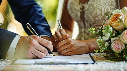 A couple is signing their marriage certificate together at an outdoor ceremony, with a floral arrangement nearby, and soft sunlight illuminating the moment.