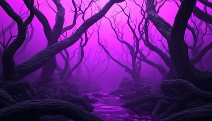 Naklejka premium Alien forest with glowing purple trees and flowing misty rivers surreal 3D environment with vibrant and dreamlike details