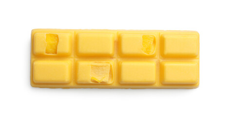 One tasty chocolate bar with pieces of fruit isolated on white, top view