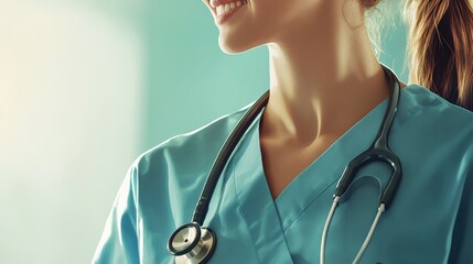 Smiling female doctor in scrubs with stethoscope exuding confidence in a hospital setting highlighting professionalism and care