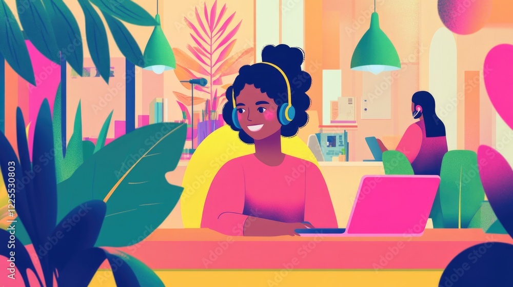 Poster friendly customer service agent engaging with clients in a vibrant modern call center environment wi