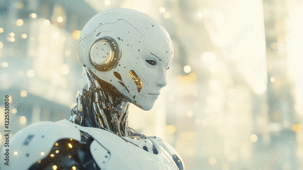 Poster advanced humanoid robot in a futuristic urban setting symbolizing artificial intelligence and machin