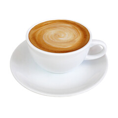 Hot coffee cappuccino latte in white cup with stirred spiral milk foam texture