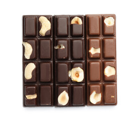 Tasty chocolate bars with nuts isolated on white, top view