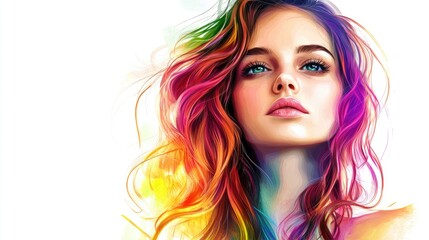 Fototapeta premium Vibrant portrait of a young woman with colorful hair isolated on a white background showcasing beauty and artistic expression.