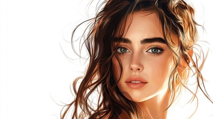Fototapeta premium Beautiful young woman with flowing hair and captivating expression against a clean white background showcasing elegance and charm.