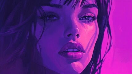 Fototapeta premium Portrait of an expressive woman against a vibrant violet background showcasing beauty and emotion in a captivating digital illustration
