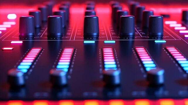 Close-up view of a DJ mixer with illuminated controls.