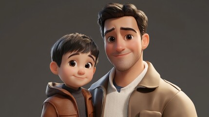 Charming animated portrait of a father and son sharing a joyful moment together, showcasing warmth and affection in their expressions.