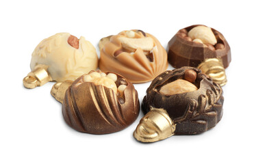 Delicious chocolate in shape of Christmas baubles isolated on white