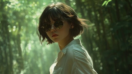 Fototapeta premium Young woman with short hair and sunglasses in a forest setting enjoying a breezy day with sunlight filtering through the trees.