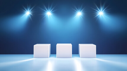 Square podiums are white. Abstract background. A stage for the demonstration of cosmetics. Podium for the award, consisting of three 3 square figures of different sizes on a blue background. Showcase