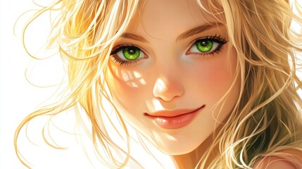 Obraz premium Portrait of cheerful female with flowing blonde hair and striking green eyes against a pure white background ideal for beauty and fashion themes