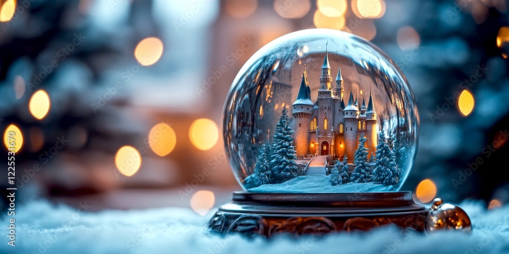 Poster a magical snow globe features a charming castle surrounded by snowy trees. the scene is illuminated 