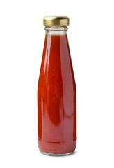 Delicious sauce in glass bottle isolated on white