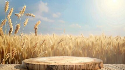 Wooden podium on table with wheat field background for Shavuot design display.