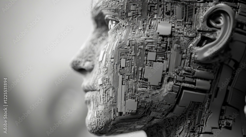 Poster ai facial features merging technology and human emotion in futuristic neural network design