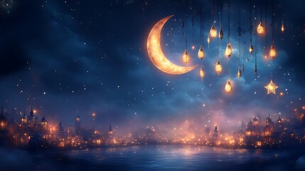Naklejka premium Night Cityscape Illuminated By Crescent Moon And Lanterns