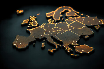 glowing map of Europe with illuminated data points symbolizing connectivity and technology. dark background enhances vibrant lights, creating futuristic and dynamic visual