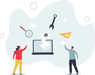 Youth in tech and teenagers work with robots coding.Programming artificial intelligence device with software and electronic engineering.flat characters.