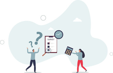 people look through magnifying glass at survey results, sociologists research society.flat characters.