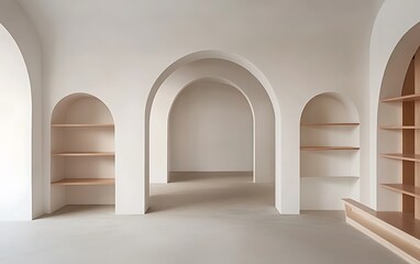 Minimalist architecture with arched doorways and plain white walls, subtle shelving for decor, ideal for product display