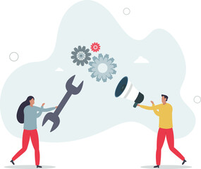 Automation of work.people work with gears of machine.flat characters.