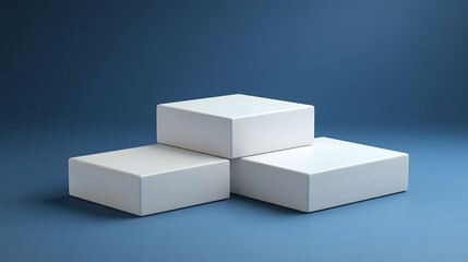 Square podiums are white. Abstract background. A stage for the demonstration of cosmetics. Podium for the award, consisting of three 3 square figures of different sizes on a blue background. Showcase