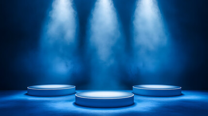 Square podiums are white. Abstract background. A stage for the demonstration of cosmetics. Podium for the award, consisting of three 3 square figures of different sizes on a blue background. Showcase