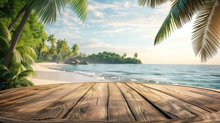 Wooden round table for displaying products with tropical beach view of palm trees and distant island © Lasvu