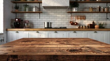 Wooden table against kitchen backdrop